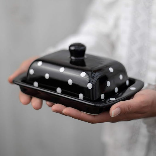 City to Cottage Large Ceramic Butter Dish With Lid for Countertop - Handcrafted Black and White Polka Dot Keeper, Container With Knob Handle, Holder Tray With Cover