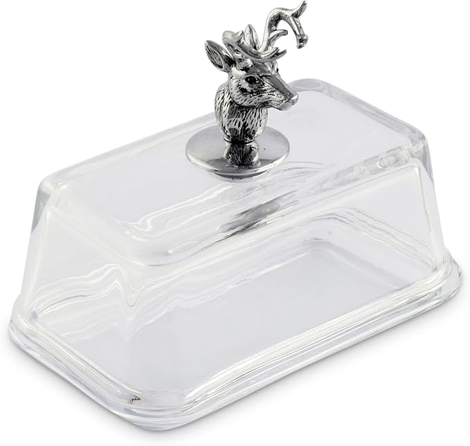 Arthur Court Glass Butter Dish with Lid Elk Head Knob | Classic 2-Piece Design Covered Butter Keeper | Covers and Holds a Standard Stick of Butter | Rustic Cabin Lodge Décor