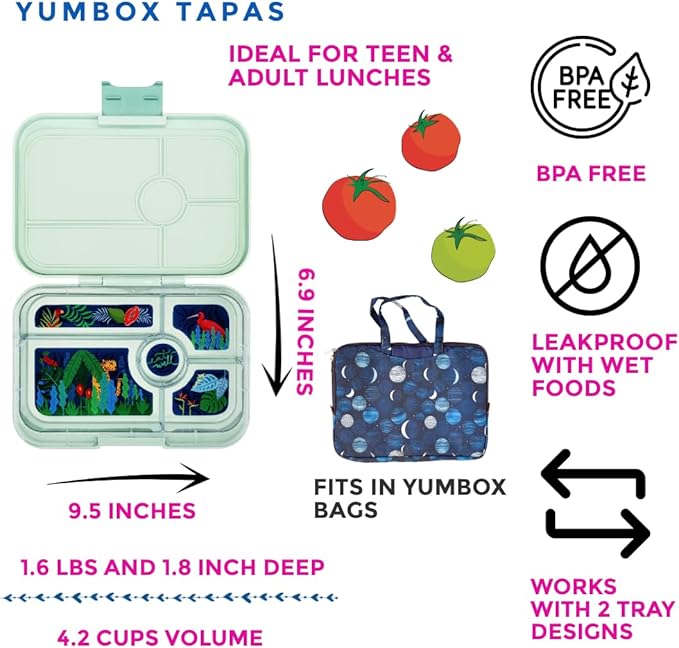 Yumbox TAPAS 5 compartment Larger Size Leakproof Bento Lunch Box for Kids, Teens and Adults (Pistachio Green)
