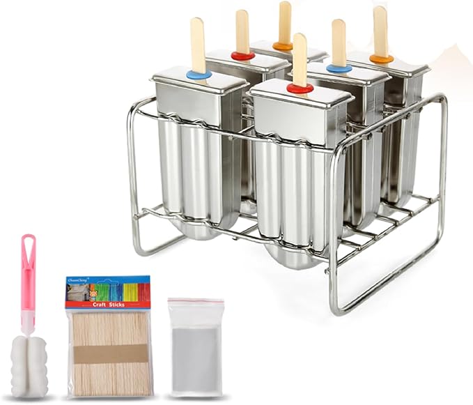 6 Pcs Stainless Steel Popsicle Molds, Ice Pop Molds with Holder, Stainless Steel Reusable Homemade Popsicle Maker with 50 Wooden Sticks and 6 Silicone Seals and 20 Pop Bags, Cleaning Brush
