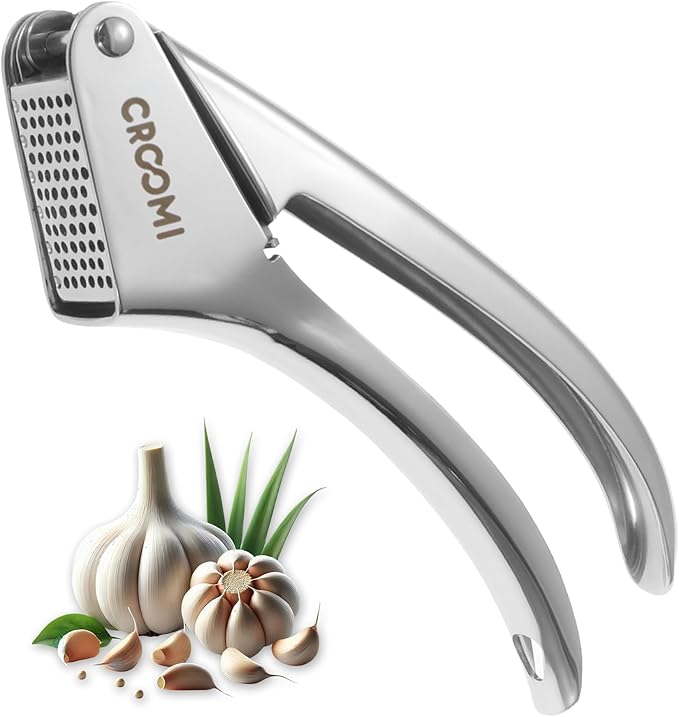 Croomi Garlic Press Stainless Steel - Premium Professional Mincer Tool - Rust Proof & Dishwasher Safe - Garlic Presser & Masher - Ginger Crusher with Soft Ergonomic Handle - Easy to Squeeze & Clean