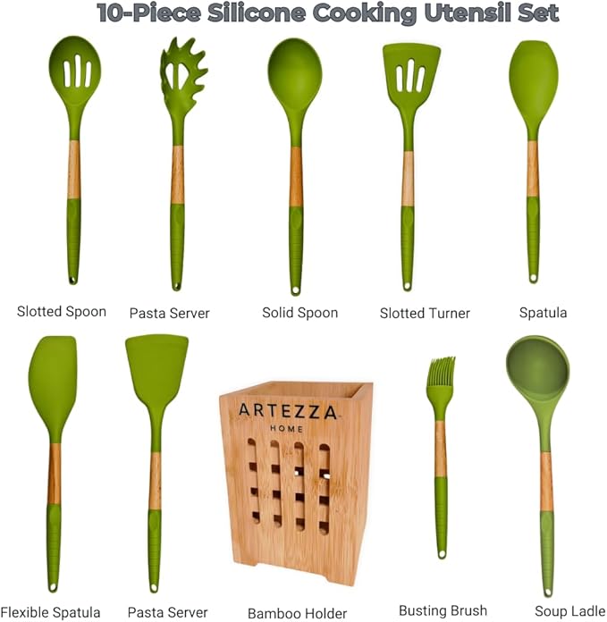 Green Silicone Kitchen Utensil Set – 10-Piece Cooking Tools with Wooden Handles & Ventilated Bamboo Holder, Heat-Resistant Silicone, Nonstick Safe, BPA-Free Kitchen Gadgets Set – Sage Green
