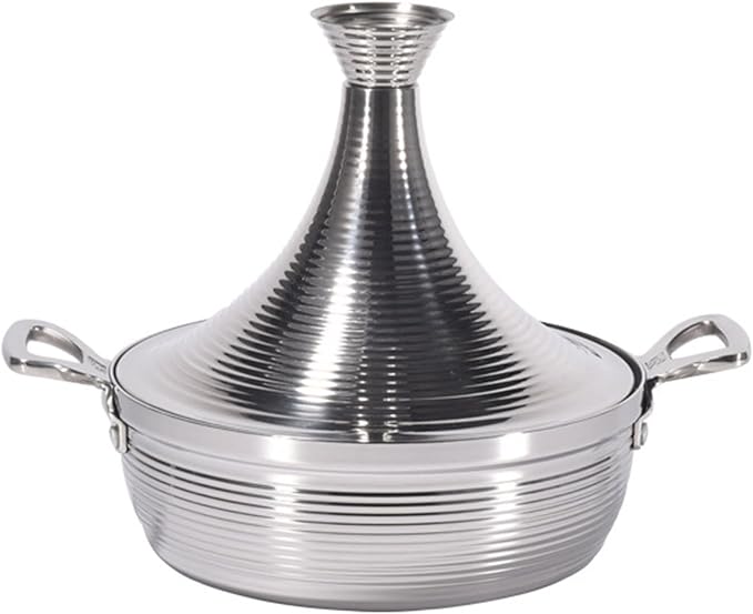 Moroccan Tagine Cooking Pot,Stainless Steel Non Stick Moroccan Casserole with 2 Handles,Large Moroccan Cooker Handmade Tagine Pot with Cone-Shaped Lid(29cm, Silver)