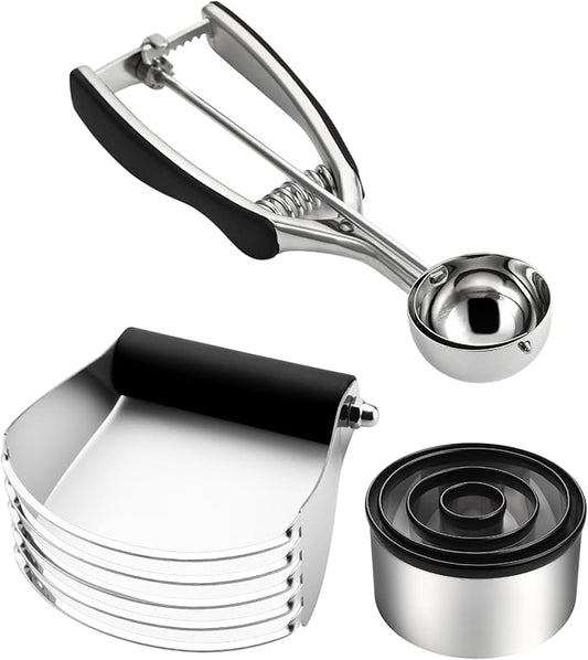 Spring Chef Multifunctional 1.7 Tablespoon Medium Cookie Scoop, #40 & Large Dough Blender & Biscuit Cutter Set - 2 Product Bundle - Black