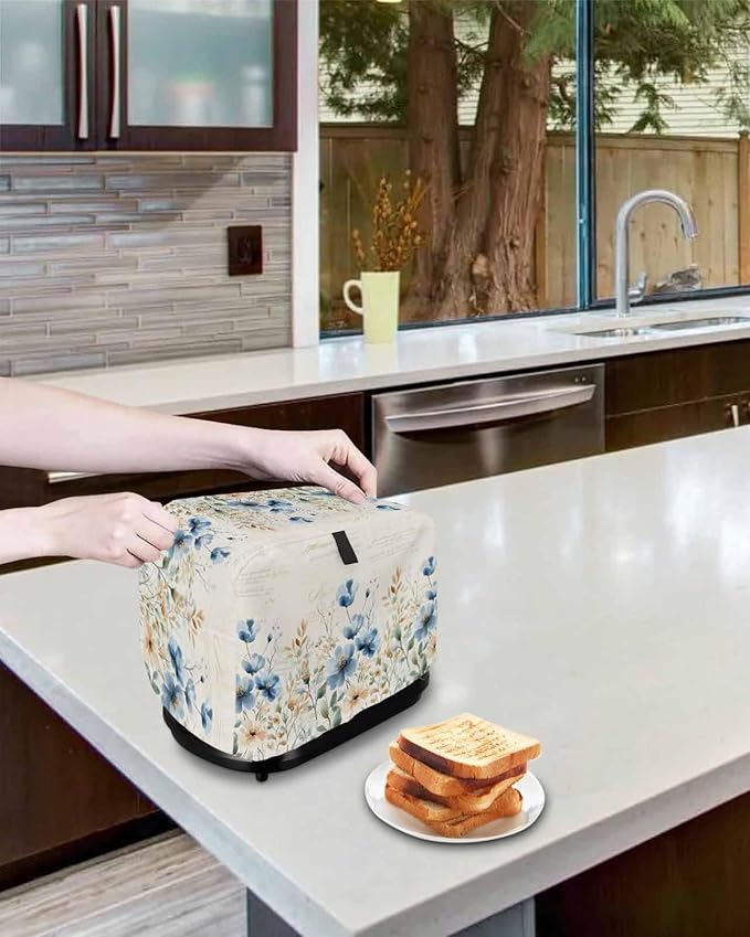 Blue Flowers Rustic Toaster Cover 2 Slice, Spring Vintage Botanical Dustproof Bakeware Oven Protector with Top Hook, Floral Beige Waterproof Small Kitchen Appliance Toasters Dust Cover, 11"x6"x8"