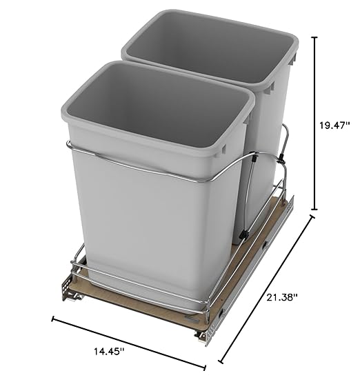 Rev-A-Shelf Steel Bottom Mount Double 35 Quart 8.75 Gallon Waste Bin Trash Container for Under Kitchen Cabinet with Soft Close, Gray, 54WC-1835SC-17-1