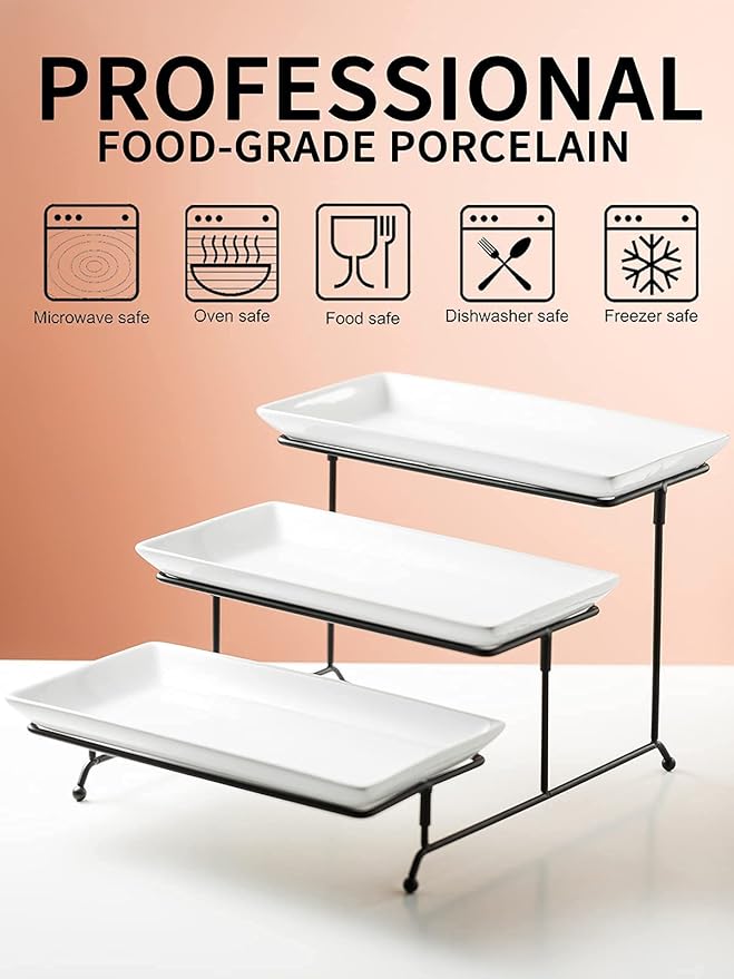 Gomakren 3 Tier Serving Trays Stand Porcelain Serving Platters 12 Inch White Serving Plates Dinner Platters for Appetizer Snack Fruit Cup Cake Tray Display Serving Dishes for Entertaining