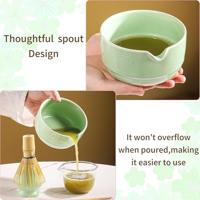 Matcha Tea Set, 5-Piece Ceramic Matcha Bowl & Whisk Kit with Cute Cat Pattern, Traditional Japanese Chawan, Scoop & Sifter, Perfect for Tea Ceremony, Gift for & Tea Lovers (green)
