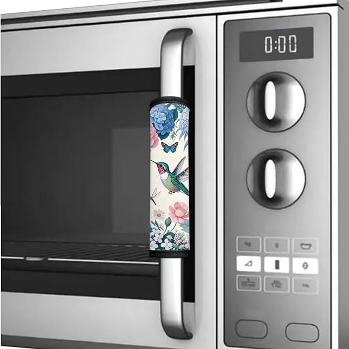 Refrigerator Door Handle Covers Set of 6 Washable Electric Appliance Decor Handles Anti-Skid Kitchen Accessories for Indoor Home Decor, Hummingbird Peony Daisy Butterfly