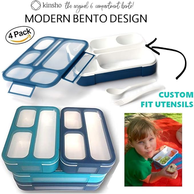Bento Lunch Box and Snack Container Value Set| Meal Planning Portion Containers for Kids or Adults, School or Work | BPA Free | Microwave Safe | Utensils | 4 Pack, Large and Mini, Blue + Navy
