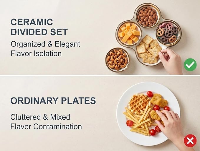 ONEMORE Chip and Dip Serving Set, 8.5 inch Speckled Ceramic Divided Serving Platter Small Appetizer Tray with 4 Removable Dishes for Nuts, Candy, Snacks, Veggies, Rustic Serving Bowls for Entertaining