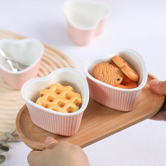 Sizikato Heart-Shaped Pink Porcelain Souffle Dishes, Ramekins - 3.5 Inches for Souffle, Creme Brulee and Dipping Sauces - Set of 4