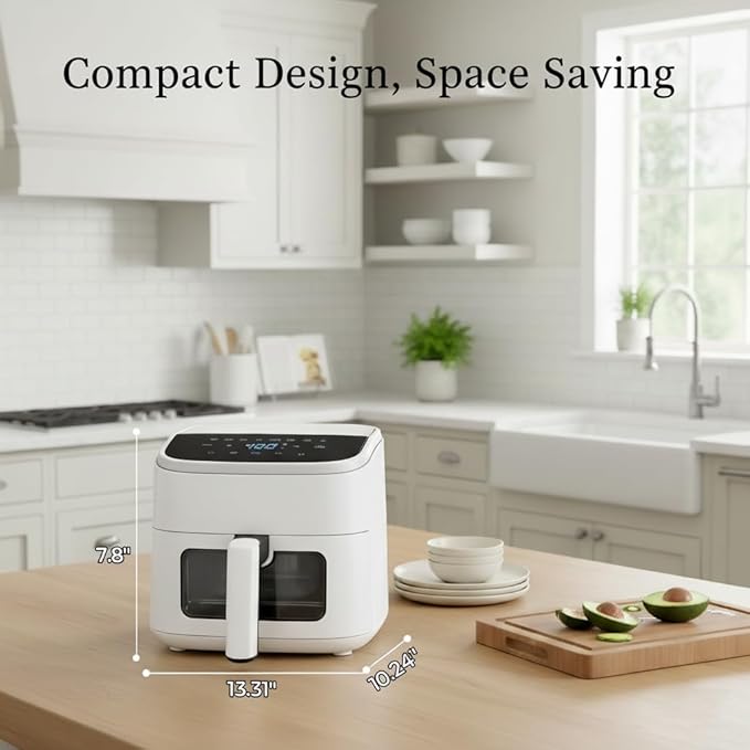 HealSmart 4 Qt Air Fryer with Visible Window, 8-in-1 Digital Airfryer with Interior Light, 1500W, Nonstick Dishwasher-Safe Basket for Fries, Bake, Wings, 60-Min Timer, White