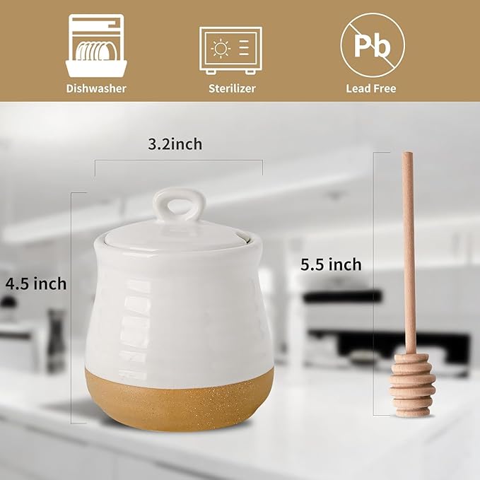 HASENSE Ceramic Honey Pot with Lid and Dipper Stick, 12 Ounce HoneyJar Dish for Home Kitchen, Farmhouse Honey Container for Mother's Day Gift, Dishwasher Safe, White