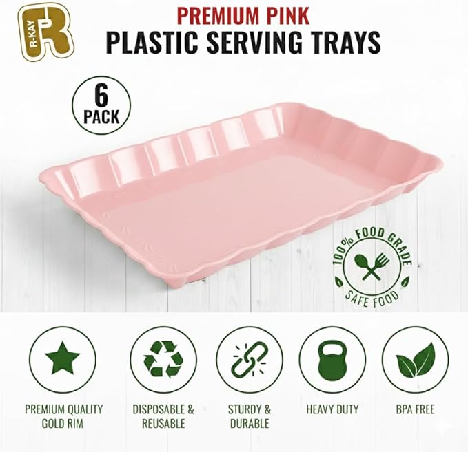 6 Pack Pink Plastic Serving Trays for Party, 9 x 13 Inch - Heavy Duty Plastic Trays for Food - Rectangular Party Serving Trays and Platters - Pink Disposable Trays