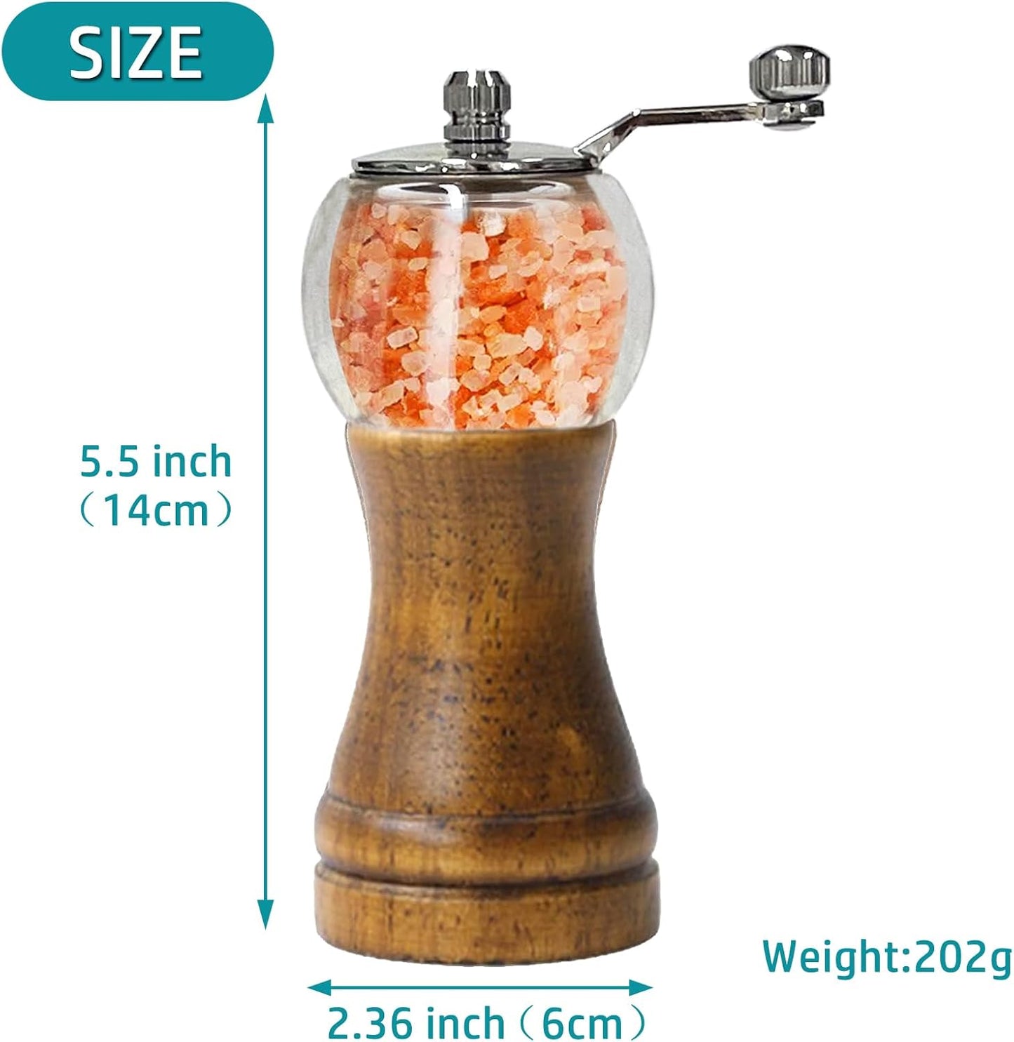 Pepper Grinder Set Classical Hand Shake Wood Manual Pepper Grinder, Setrefillable Wooden & Acrylic grinder,Ceramic Blades metal handle tools, Enjoy Fresh Ground Pepper Salts & spices 2PCS-6IN