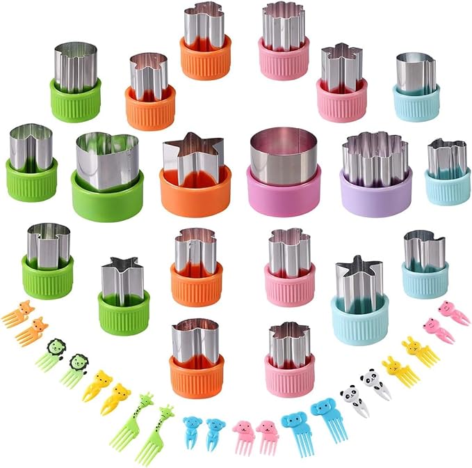 Vegetable Cutters Shapes Set, 20pcs Stainless Steel Mini Cookie Cutters, Vegetable Cutter and Fruit Stamps Mold + 20pcs Cute Cartoon Animals Food Picks and Forks -for Kids Baking and Food Supplement