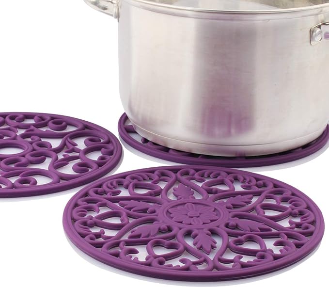 ME.FAN Trivets for Dishes/Pots/Pans, 3 Pcs Silicone Mats, Flexible/Durable/Non Slip Hot Pads to Protect Table and Counter Top (Purple)