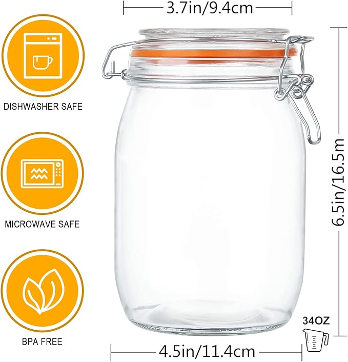 Glass Jars 32oz,Airtight Glass Food Storage Jar with Clamp Lid,1000ml Rounded Airtight Canister with Leak Proof Rubber Gasket,Clear Glass Kitchen Jars for Dry Food,Cereal,Beans,6 Pack