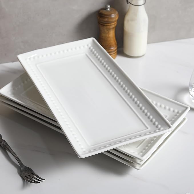 14 inch Ceramic Serving Platter - Rectangular Serving Trays Set of 4, Large Embossed Plates, Porcelain White Platters for Steak, Appetizer, Dessert, Tacos, Housewarming, Oven Dishwasher Safe