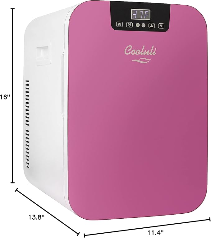 Cooluli 20L Mini Fridge For Bedroom - Car, Office Desk & College Dorm Room - Glass Front & Digital Temperature Control - Small 12v Refrigerator for Food, Drinks, Skincare, Beauty & Breast Milk (Pink)