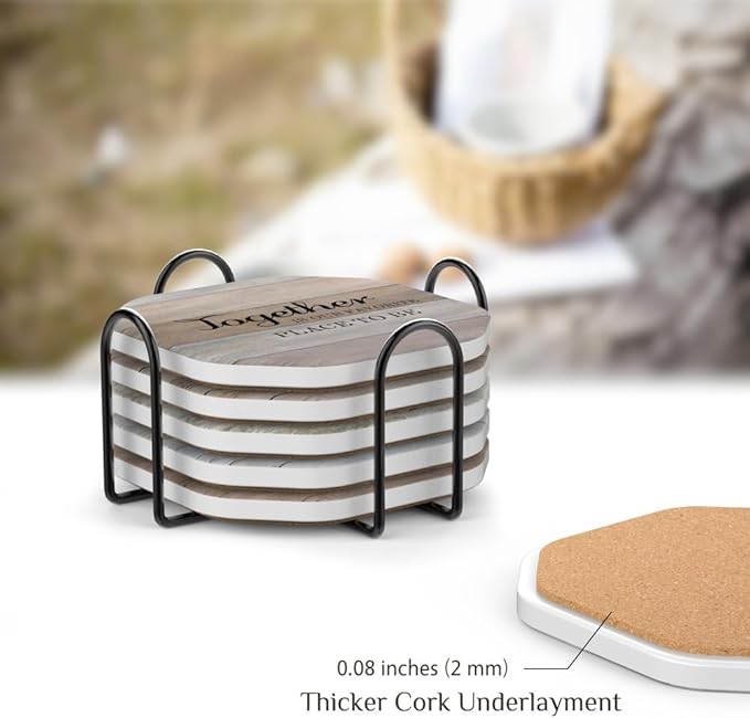 UMIRRO Rustic Farmhouse Coasters for Coffee Table Decor, Ceramic Coaster Set with Holder for Wooden Table, Cute Cup Coasters for Drinks Absorbent, Housewarming Gifts for New House/Home, 4", 6 Pack