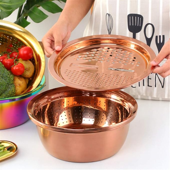 3-In-1 Multifunctional Grater Basin Colander Strainer Set, Mingcheng Stainless Steel Kitchen Grater/Drain Basket/Bottom Basin for Washing Rice, Fruits, Vegetable, Grater with Container (Rose Gold)