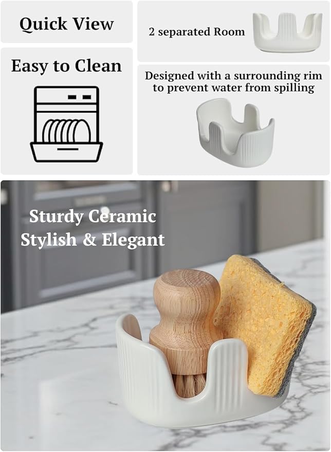 Ceramic Sponge Holder, 2-Slot Dish Sponge Holder for Kitchen Sink, Keeps Sponges Dry & Countertop Clean, Rust-Free & Dishwasher Safe, Stylis Design, Modern White