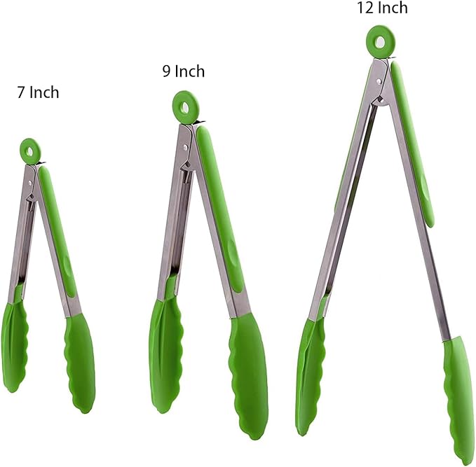 Kitchen Tongs with Silicone Tips,Tongs for Cooking Heat Resistant 600 Degrees Stainless Steel Locking Tongs,Grass Green Set of 3-7", 9" and 12"