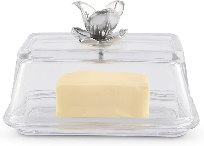 Arthur Court Glass Butter Dish with Lid Magnolia Flower Knob | Classic 2-Piece Design Covered Butter Keeper | Covers and Holds a Standard Stick of Butter | Spring Southern Décor