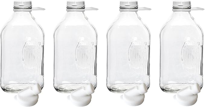 The Dairy Shoppe Heavy Glass Milk Bottles - Jugs with Lids, Silicone Pour Spouts - Clear Milk Containers for Fridge - Reusable Glass Milk Jug Dispenser - Made in USA (64 oz, 4 Pack)