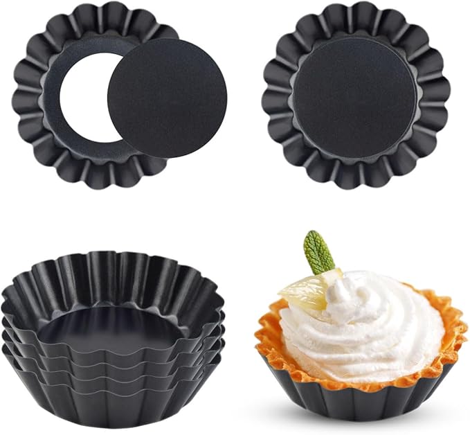 4 Pack Tart Pans Tortilla Pan Set Mini Tart Molds Carbon Steel Taco Shell for Baking 3 Inch Taco Salad Bowl Maker with Removable Bottom NonStick Tortilla Bowl Fluted Side for Quiche Cakes Pies (Black)