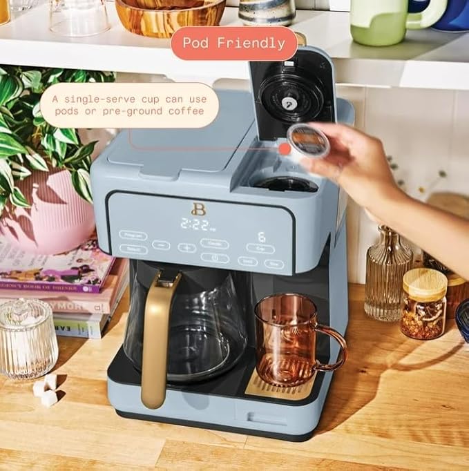 Beauti Multi Brew 12 Cup Programmable Drip & Single Serve Coffee Maker, Versatile Brewing (6oz, 8oz, 10oz, 12oz, 14oz), Pods or Ground, Over Ice option, Keep Warm mode (Cornflower Blue)