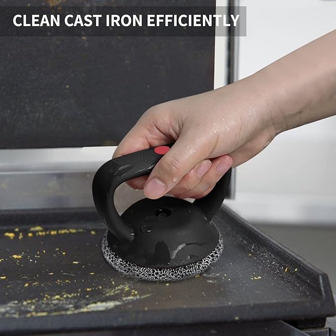 Cast Iron Cleaner Scrubber+Tray with Handle, Welded Chainmail Scrubber for Pan Pot Oven Wok Cleaning- Small Ring Chain Scrub Metal Brush Iron Skillet Steel Wool Scrubber Steel Sponge