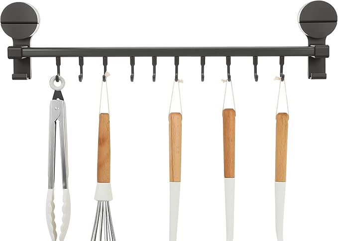 No Drill Kitchen Utensil Rack with 10 Hooks : Wall Mounted Suction Cup Holder for Hanging Spoons Towels Tools - Adjustable Double Rod Organizer for Kitchenware Storage