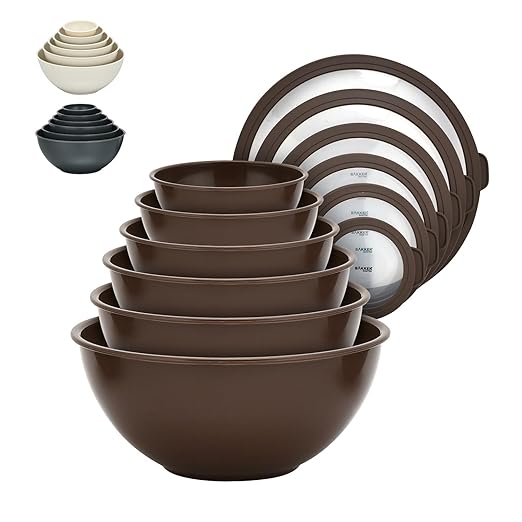 Bakken Master 12 Piece Plastic Nesting Bowls with Lids - Mixing Bowls Set includes 6 Prep Bowls and 6 Lids, BPA-Free, Reusable Meal Prep Containers, Microwave, Freezer & Dishwasher Safe, Brown