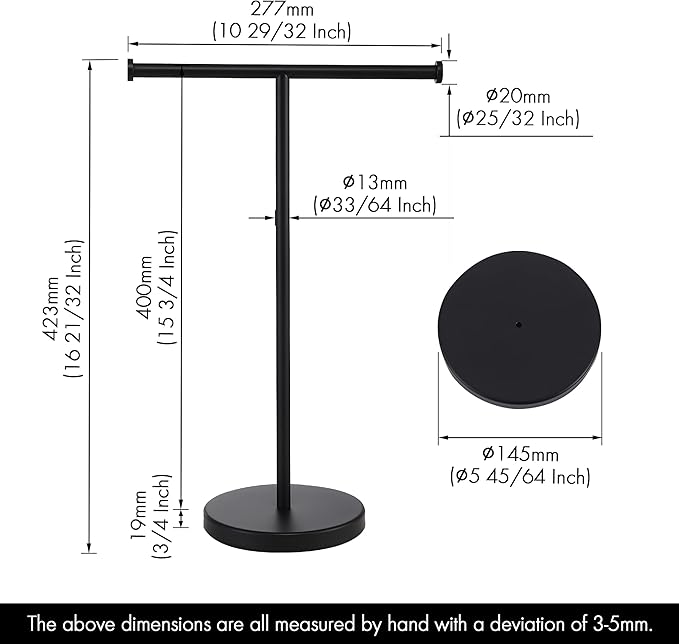 KES Black Towel Rack, Tall Hand Towel Stand 16.5" Fit Standard Hand Towels, T-Shape Standing Hand Holder Countertop Weighted Base, SUS304 Stainless Steel Matte Black, BTH208S14B-BK