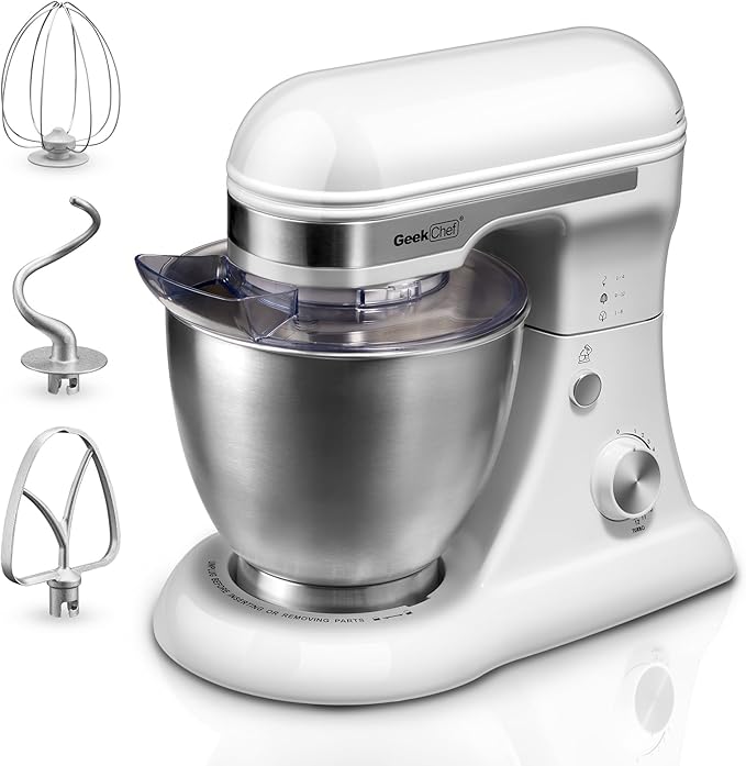Geek Chef Electric Stand Mixer, 4.8QT 12 Speeds Tilt-head Food Mixer with Dough Hook, Whisk, Beater, Bowl, Rotary Knob for Home Kitchen Use, Silver White