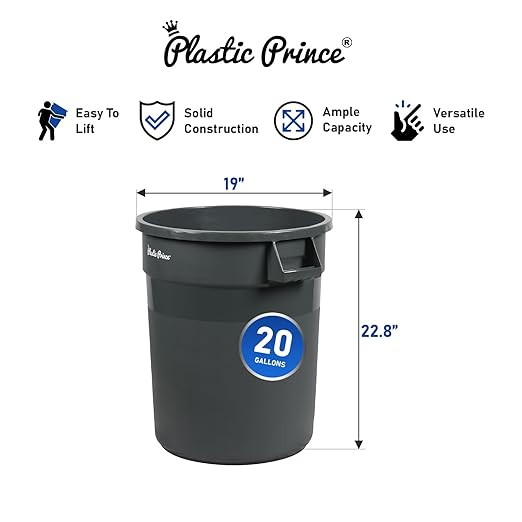 PLASTIC PRINCE 20 Gallon Round Trash Can Container with Lid Gray Plastic Commercial Garbage Bin for Home Garage Restaurants Warehouses