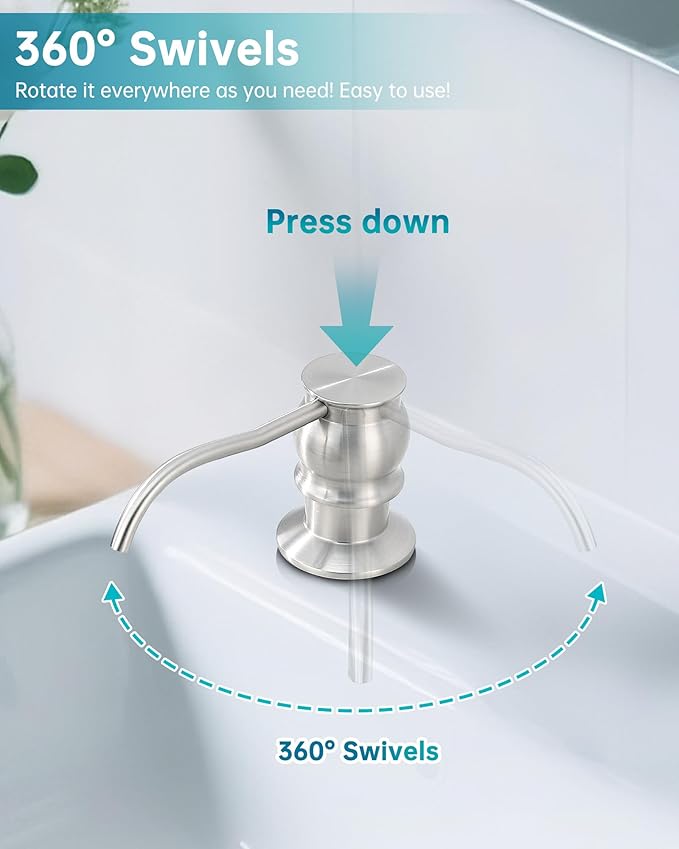 Built in Deck Mount Liquid Lotion Kitchen Countertop Metal Soap Dispenser, Brushed Nickel Brass Dispenser Pump with 47.2" Silicone Long Tube for 0.79 "- 1.38" High Capacity Bottle Mouths