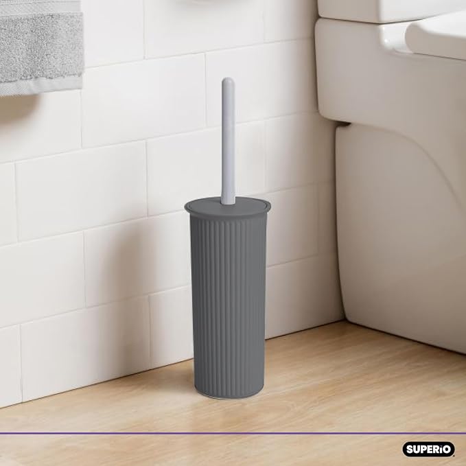 Superio Ribbed Collection - Decorative Plastic Toilet Bowl Brush and Holder Set, Grey (1 Pack) Cleaner Scrubber for Bathroom