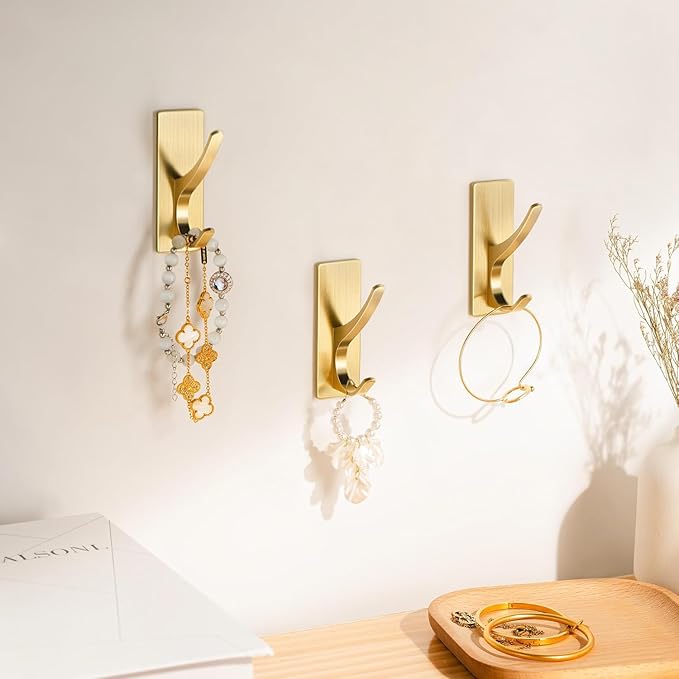 pickpiff Brushed Gold Self Adhesive Coat Hooks for Hanging: 13LB Extra Strong Stainless Wall Hook for Towel, Utensil, Backpack, Hat, Sturdy Metal Hanger for Bathroom, Kitchen, Door, 6-Pack