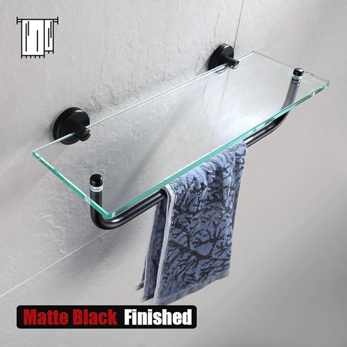 JQK Bathroom Glass Shelf, Shelf with 15 Inch Towel Bar Tempered Glass Shower Storage 16 by 5 inches, 304 Stainless Steel Matte Black Wall Mount, TGS100-PB