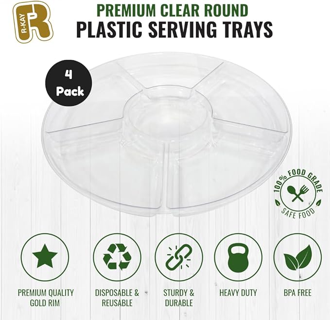 R-kay 4 Pack, 6 Sectional Clear Plastic Serving Trays For Party - Heavy Duty Party Trays For Serving Food - 12 Inch Trays And Platters - Veggie Tray Platter/Divided Serving Tray