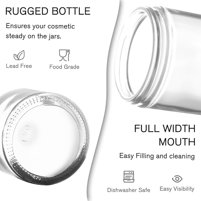 1 oz Round Clear Glass Jars, Bumobum 105 Pack Cream Jars with Black Lids, Black and White Labels & Inner Liners, Empty Cosmetic Containers for Cream, Lotion