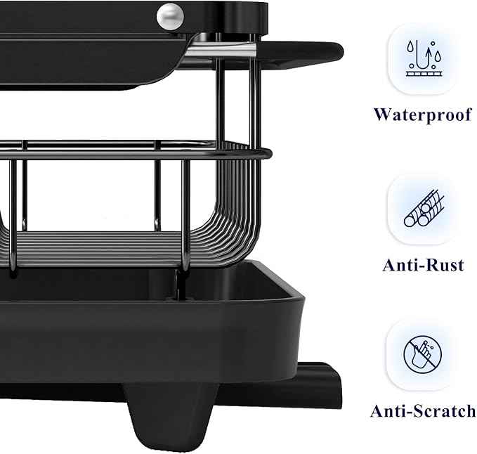 Kitsure Dish Drying Rack for Kitchen Counter, Stainless Steel Sink Organization and Storage Essentials with Cutlery Holder, Home and Appartment Decor, 12.2''W x 15.7''~23''L, Black