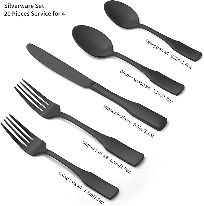 Alata Kate Black Satin 20-Piece Silverware Set, Service for 4, Stainless Steel Flatware Set, Matte Polished Cutlery Set, Dishwasher Safe
