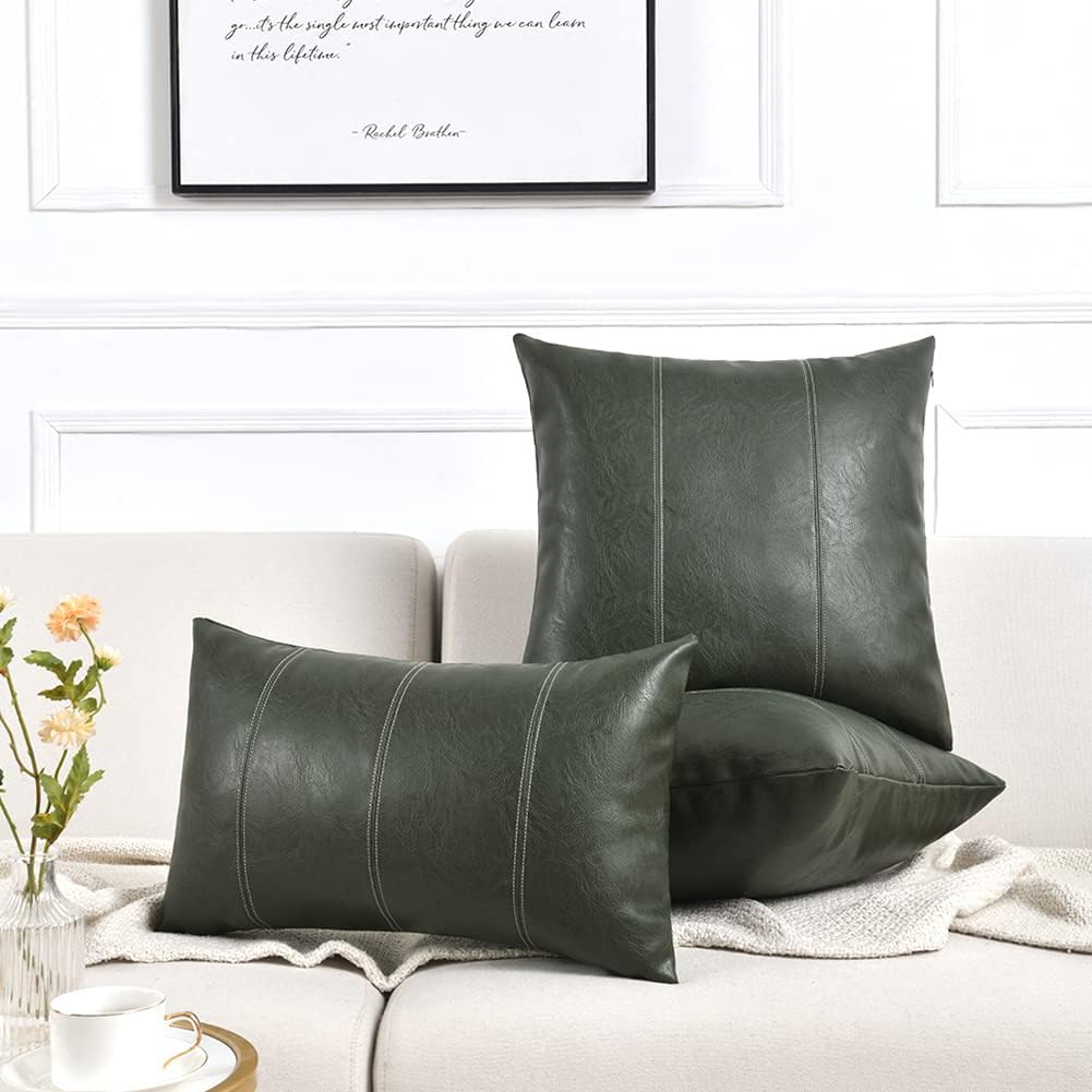 Fancy Homi Dark Green Lumbar Faux Leather Decorative Throw Pillow Covers 12x20 Inch for Living Room Couch Bed, Modern Farmhouse Boho Home Decor, Olive Green Hand Stitched Cushion Case 30x50 cm