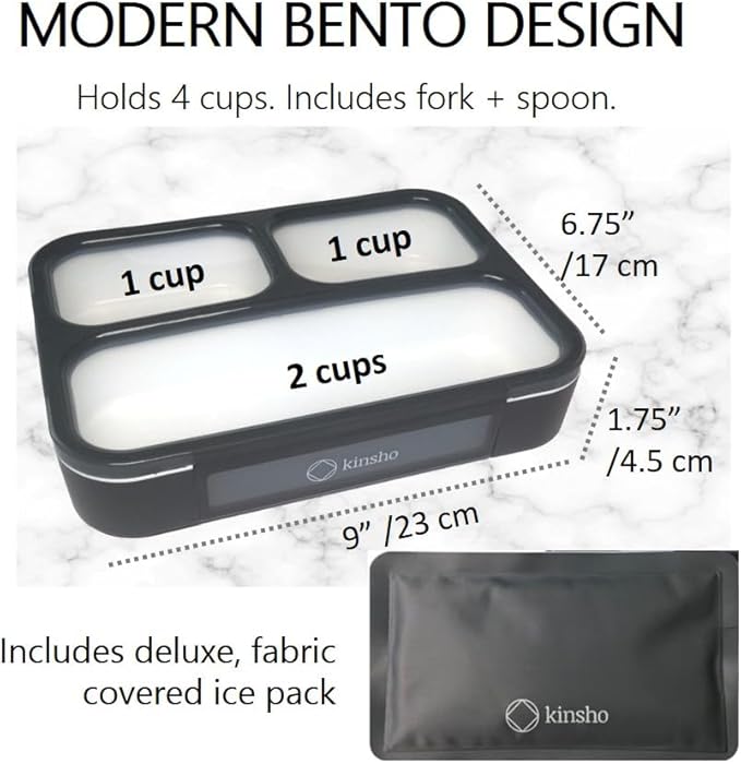 kinsho Lunch Boxes for Kids Boys Teens - Bento Box Set with Insulated Bag and Ice Pack, 3 Compartment Leak Proof Food Container, BPA-Free, Microwave Safe, Ideal for School & Work, Black & Red
