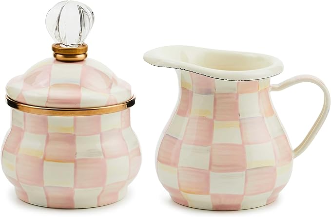 MACKENZIE-CHILDS Enamel Creamer and Sugar-Bowl Set, Cream Dispenser and Sugar Holder, Unique Kitchen Decor, Pink-and-White Rosy Check